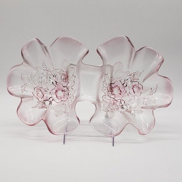 Mikasa Vintage Rosella Frosted Pink Floral Crystal Divided Glass Dish - Picture 14 of 14